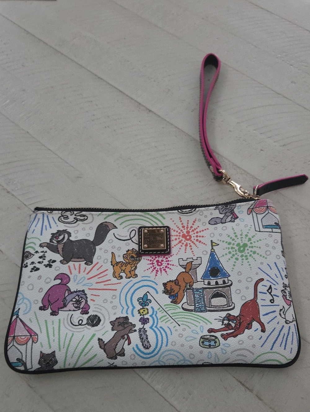Dooney & Bourke White Cat-Print Wristlet with Pink Strap